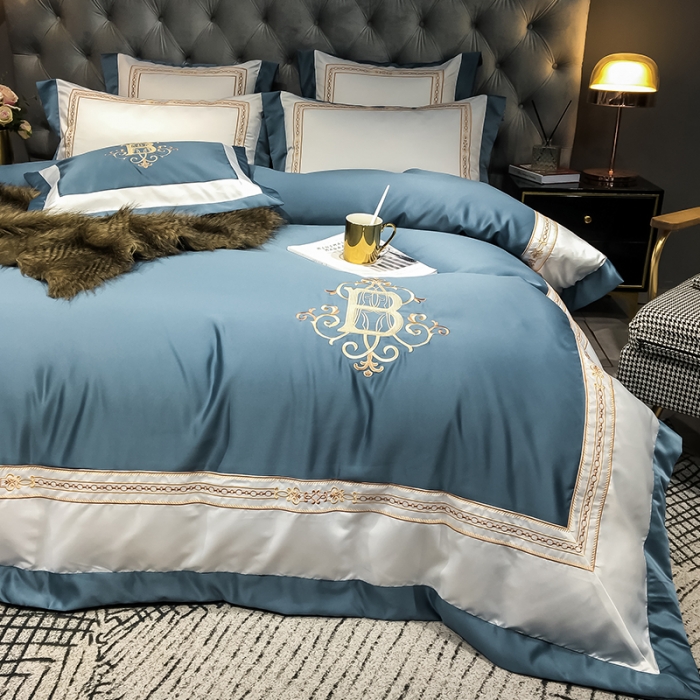 91家纺网 家纺一手货源 找家纺 安妮家居 2020新款TB大牌风贡缎全棉四件套影棚图 宾利蓝