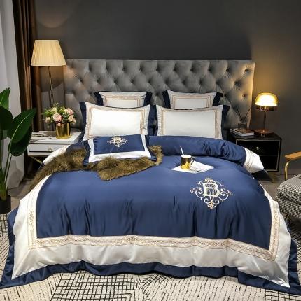 91家纺网 家纺一手货源 找家纺 安妮家居 2020新款TB大牌风贡缎全棉四件套影棚图 藏蓝