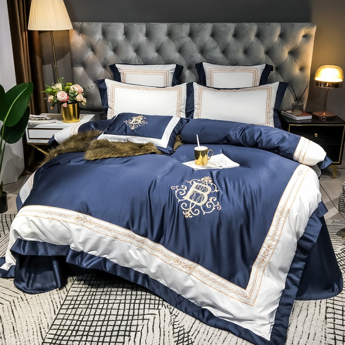 91家纺网 家纺一手货源 找家纺 安妮家居 2020新款TB大牌风贡缎全棉四件套影棚图 藏蓝