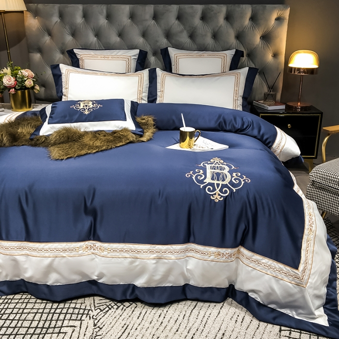 91家纺网 家纺一手货源 找家纺 安妮家居 2020新款TB大牌风贡缎全棉四件套影棚图 藏蓝