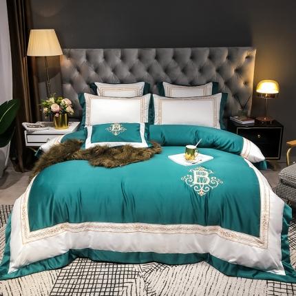 安妮家居 2020新款TB大牌风贡缎全棉四件套影棚图 墨绿