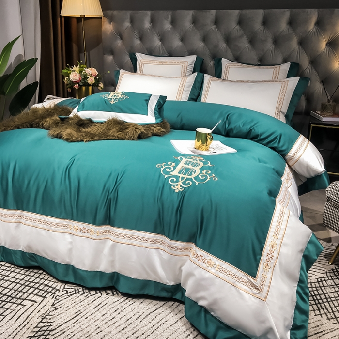 91家纺网 家纺一手货源 找家纺 安妮家居 2020新款TB大牌风贡缎全棉四件套影棚图 墨绿