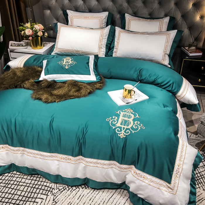 91家纺网 家纺一手货源 找家纺 安妮家居 2020新款TB大牌风贡缎全棉四件套影棚图 墨绿