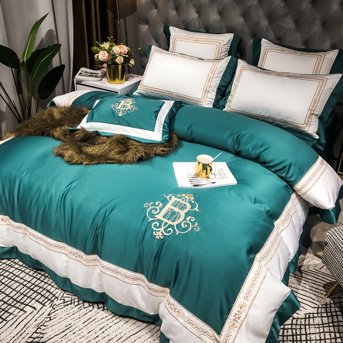 91家纺网 家纺一手货源 找家纺 安妮家居 2020新款TB大牌风贡缎全棉四件套影棚图 墨绿