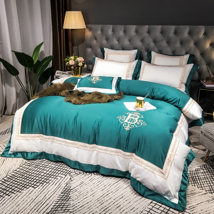 91家纺网 家纺一手货源 找家纺 安妮家居 2020新款TB大牌风贡缎全棉四件套影棚图 墨绿