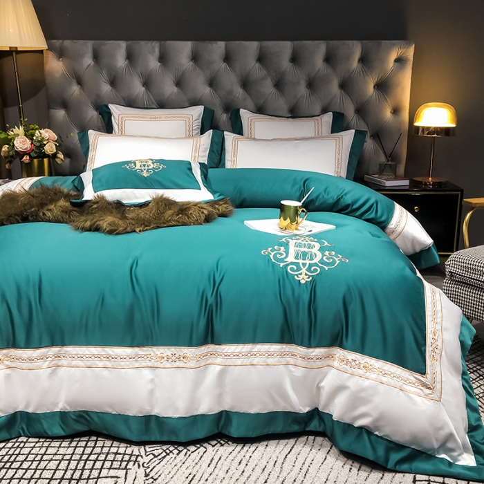 91家纺网 家纺一手货源 找家纺 安妮家居 2020新款TB大牌风贡缎全棉四件套影棚图 墨绿