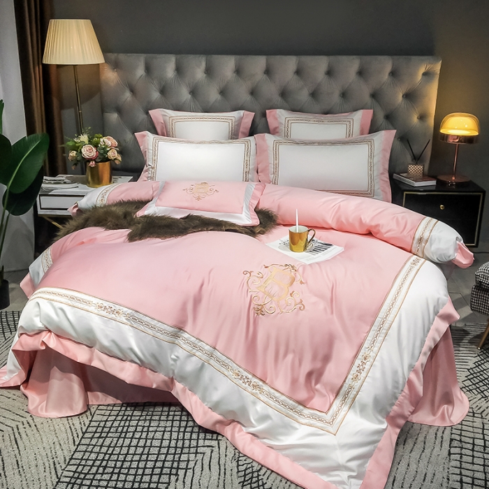 91家纺网 家纺一手货源 找家纺 安妮家居 2020新款TB大牌风贡缎全棉四件套影棚图 玉粉