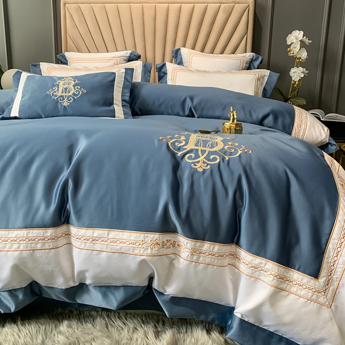 91家纺网 家纺一手货源 找家纺 安妮家居 2020新款TB大牌风贡缎全棉四件套实拍图 宾利蓝