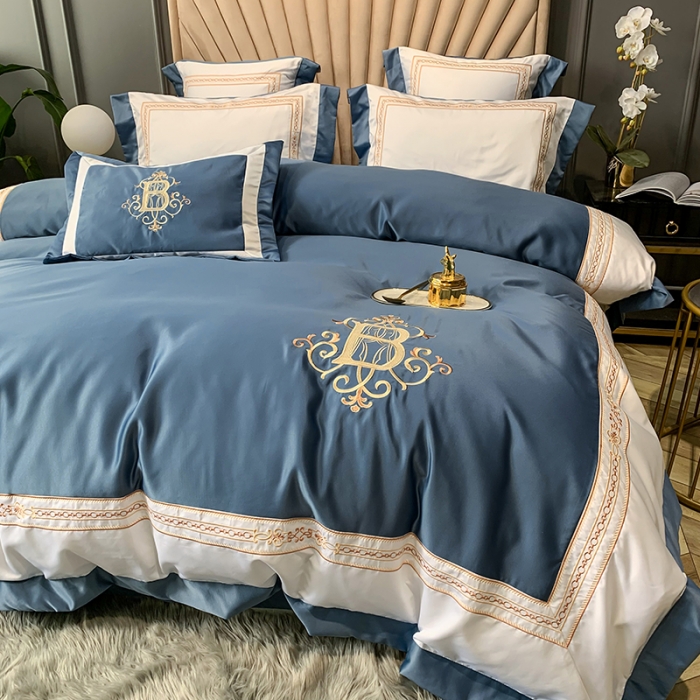 91家纺网 家纺一手货源 找家纺 安妮家居 2020新款TB大牌风贡缎全棉四件套实拍图 宾利蓝