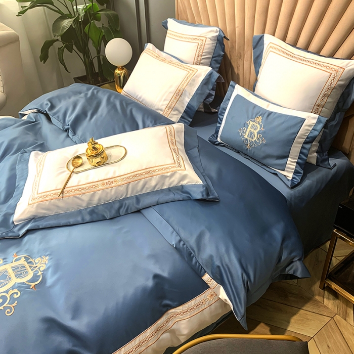 91家纺网 家纺一手货源 找家纺 安妮家居 2020新款TB大牌风贡缎全棉四件套实拍图 宾利蓝