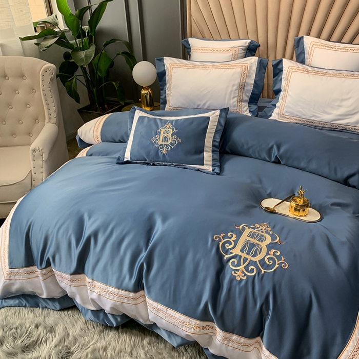 91家纺网 家纺一手货源 找家纺 安妮家居 2020新款TB大牌风贡缎全棉四件套实拍图 宾利蓝