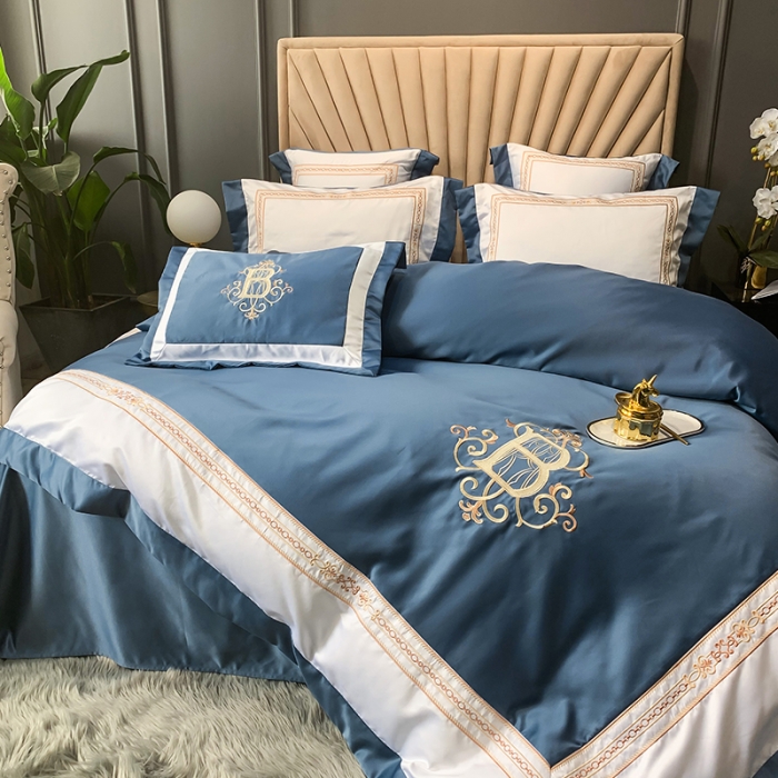 91家纺网 家纺一手货源 找家纺 安妮家居 2020新款TB大牌风贡缎全棉四件套实拍图 宾利蓝