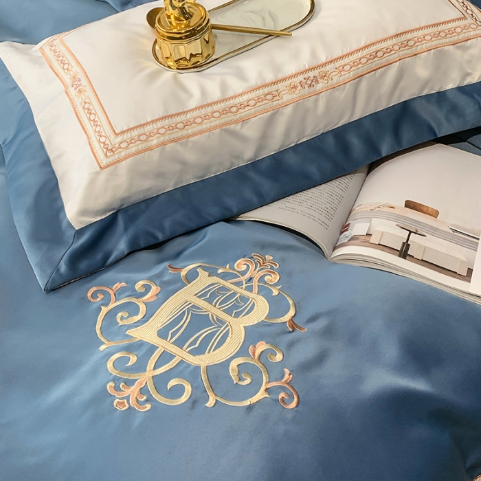 91家纺网 家纺一手货源 找家纺 安妮家居 2020新款TB大牌风贡缎全棉四件套实拍图 宾利蓝