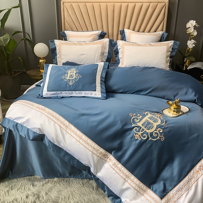 91家纺网 家纺一手货源 找家纺 安妮家居 2020新款TB大牌风贡缎全棉四件套实拍图 宾利蓝