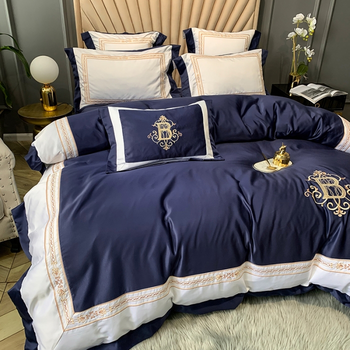 91家纺网 家纺一手货源 找家纺 安妮家居 2020新款TB大牌风贡缎全棉四件套实拍图 藏青