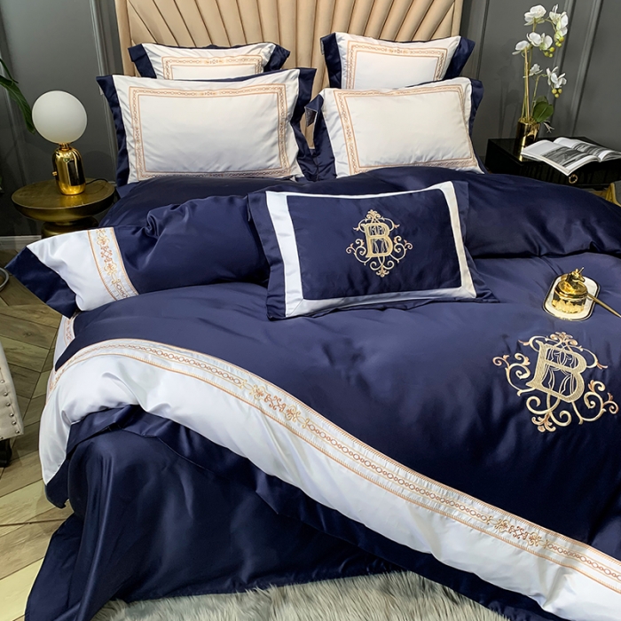 91家纺网 家纺一手货源 找家纺 安妮家居 2020新款TB大牌风贡缎全棉四件套实拍图 藏青