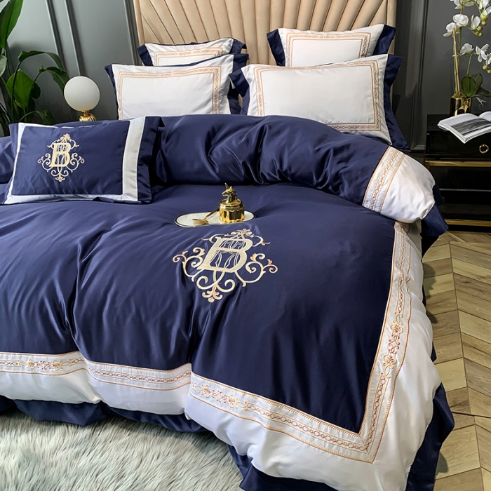 91家纺网 家纺一手货源 找家纺 安妮家居 2020新款TB大牌风贡缎全棉四件套实拍图 藏青