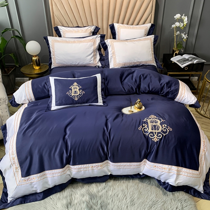 91家纺网 家纺一手货源 找家纺 安妮家居 2020新款TB大牌风贡缎全棉四件套实拍图 藏青