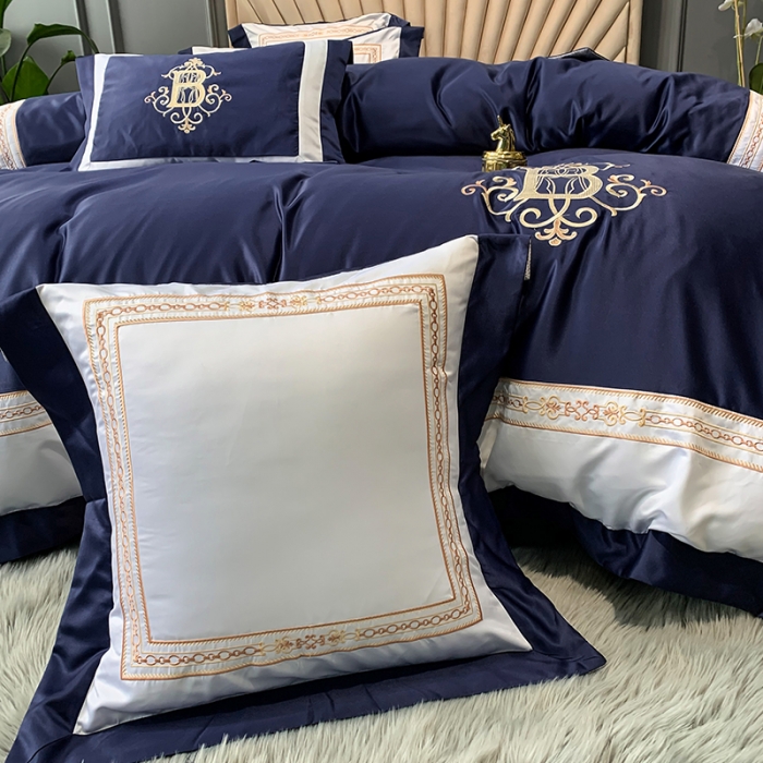 91家纺网 家纺一手货源 找家纺 安妮家居 2020新款TB大牌风贡缎全棉四件套实拍图 藏青