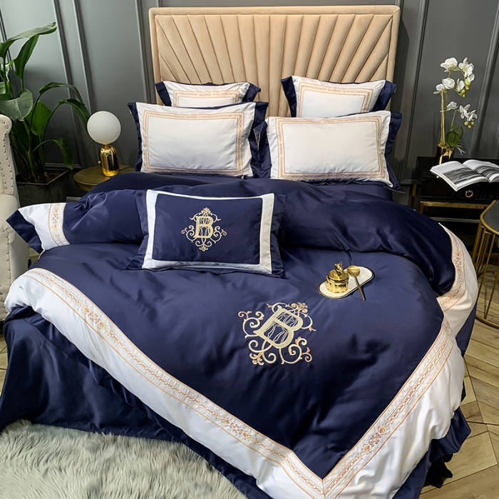 91家纺网 家纺一手货源 找家纺 安妮家居 2020新款TB大牌风贡缎全棉四件套实拍图 藏青