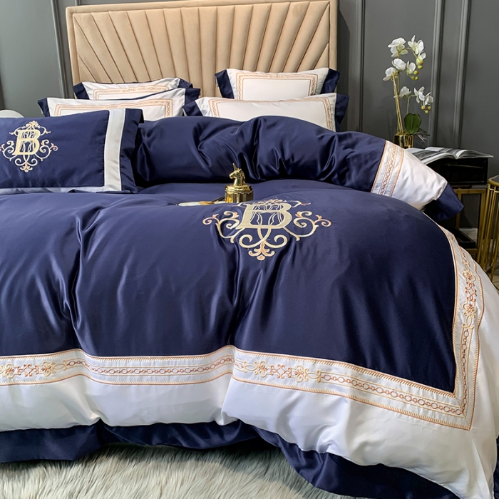 91家纺网 家纺一手货源 找家纺 安妮家居 2020新款TB大牌风贡缎全棉四件套实拍图 藏青