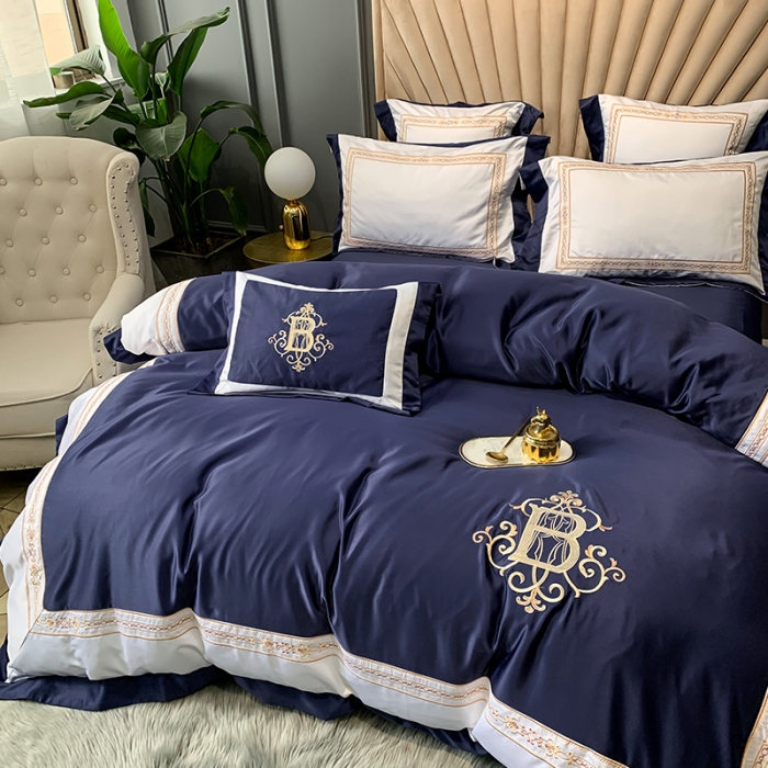 91家纺网 家纺一手货源 找家纺 安妮家居 2020新款TB大牌风贡缎全棉四件套实拍图 藏青