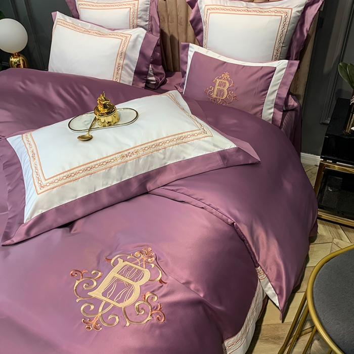 91家纺网 家纺一手货源 找家纺 安妮家居 2020新款TB大牌风贡缎全棉四件套实拍图 豆沙紫