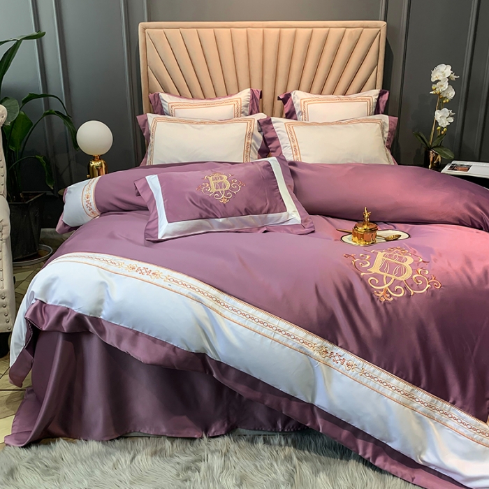 91家纺网 家纺一手货源 找家纺 安妮家居 2020新款TB大牌风贡缎全棉四件套实拍图 豆沙紫