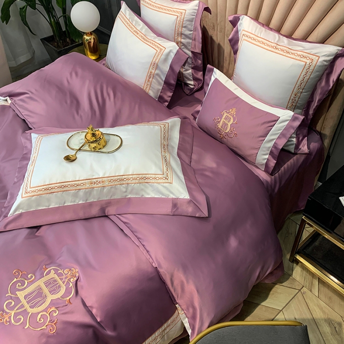 91家纺网 家纺一手货源 找家纺 安妮家居 2020新款TB大牌风贡缎全棉四件套实拍图 豆沙紫
