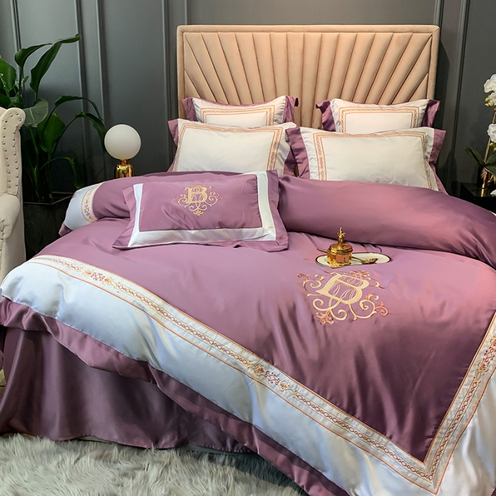 91家纺网 家纺一手货源 找家纺 安妮家居 2020新款TB大牌风贡缎全棉四件套实拍图 豆沙紫