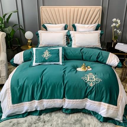 安妮家居 2020新款TB大牌风贡缎全棉四件套实拍图 墨绿