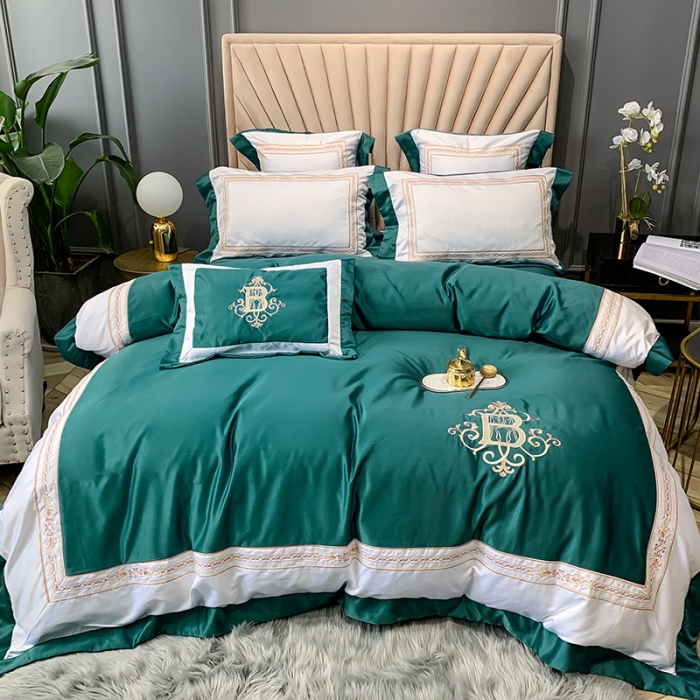 91家纺网 家纺一手货源 找家纺 安妮家居 2020新款TB大牌风贡缎全棉四件套实拍图 墨绿