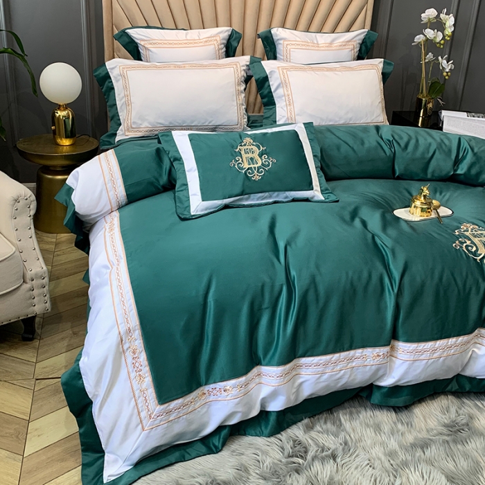 91家纺网 家纺一手货源 找家纺 安妮家居 2020新款TB大牌风贡缎全棉四件套实拍图 墨绿