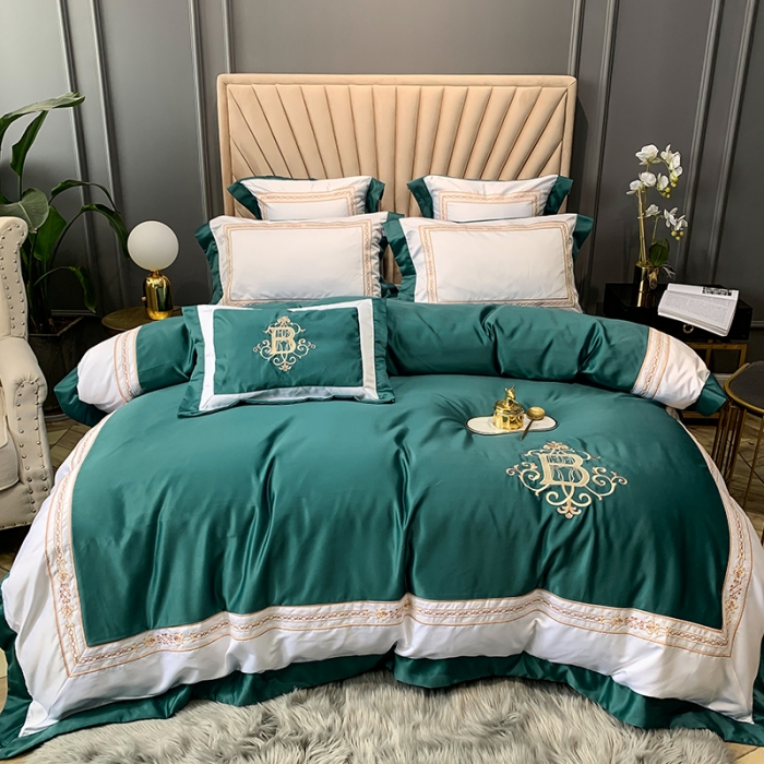 91家纺网 家纺一手货源 找家纺 安妮家居 2020新款TB大牌风贡缎全棉四件套实拍图 墨绿