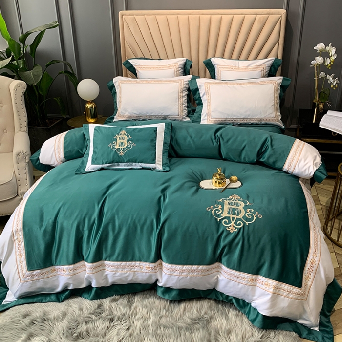91家纺网 家纺一手货源 找家纺 安妮家居 2020新款TB大牌风贡缎全棉四件套实拍图 墨绿