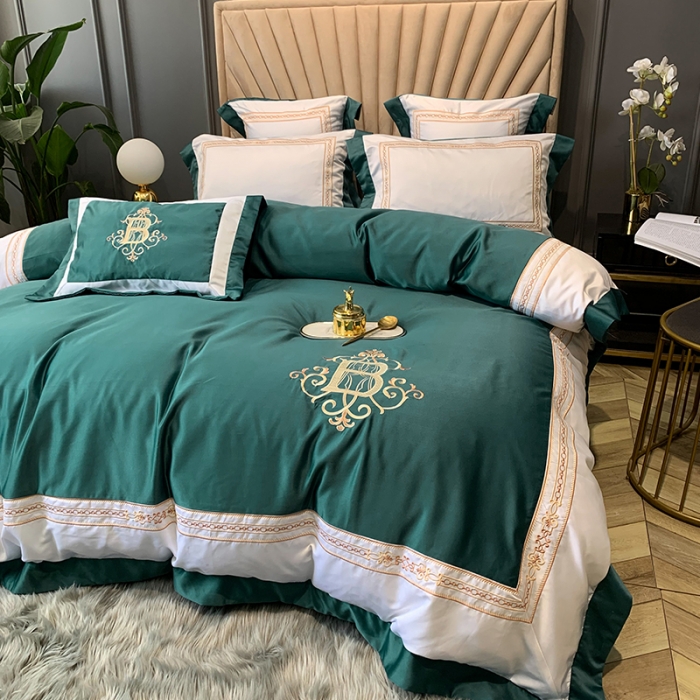 91家纺网 家纺一手货源 找家纺 安妮家居 2020新款TB大牌风贡缎全棉四件套实拍图 墨绿