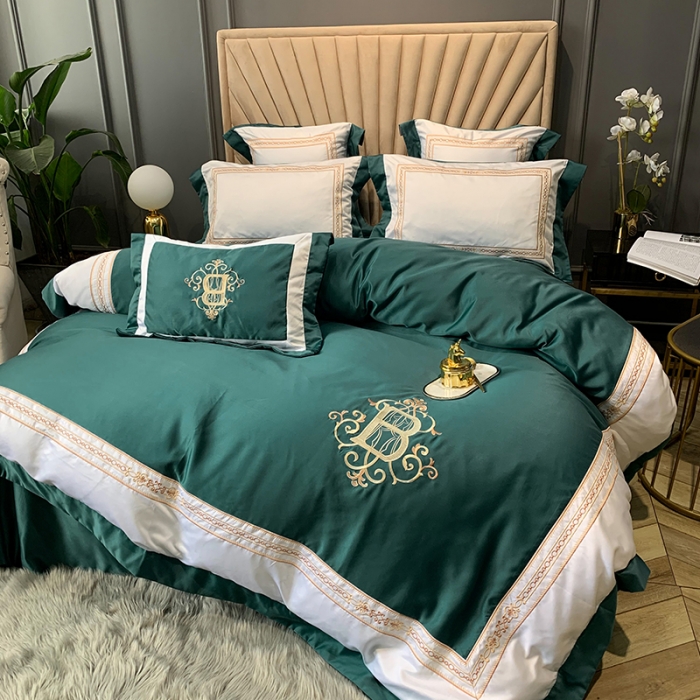 91家纺网 家纺一手货源 找家纺 安妮家居 2020新款TB大牌风贡缎全棉四件套实拍图 墨绿