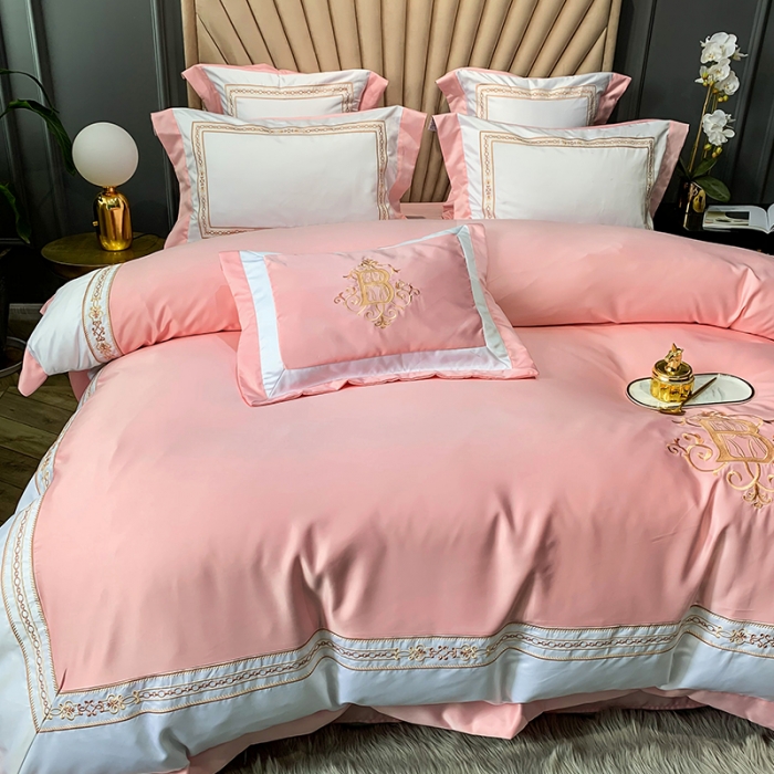 91家纺网 家纺一手货源 找家纺 安妮家居 2020新款TB大牌风贡缎全棉四件套实拍图 玉粉