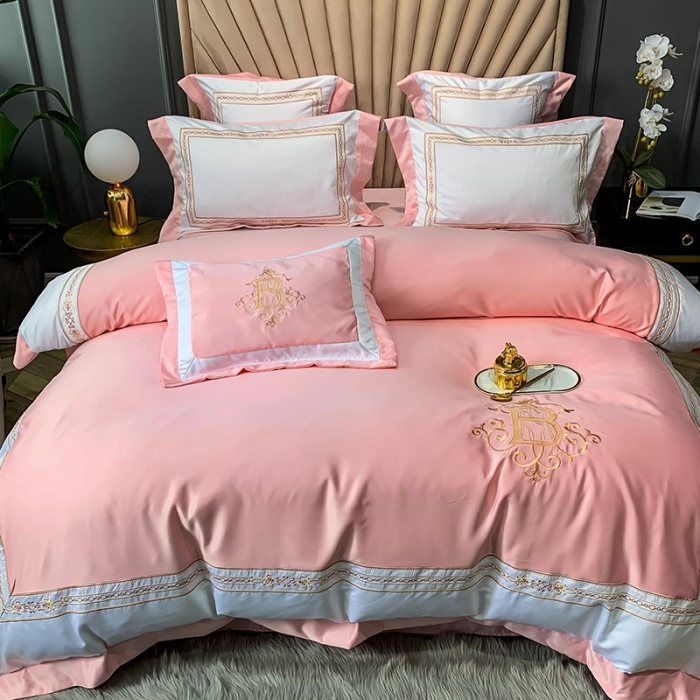 91家纺网 家纺一手货源 找家纺 安妮家居 2020新款TB大牌风贡缎全棉四件套实拍图 玉粉