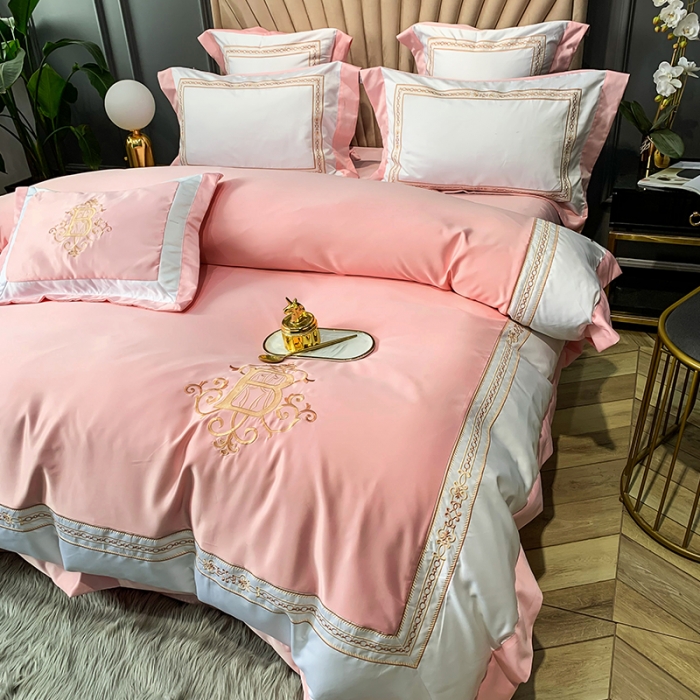 91家纺网 家纺一手货源 找家纺 安妮家居 2020新款TB大牌风贡缎全棉四件套实拍图 玉粉