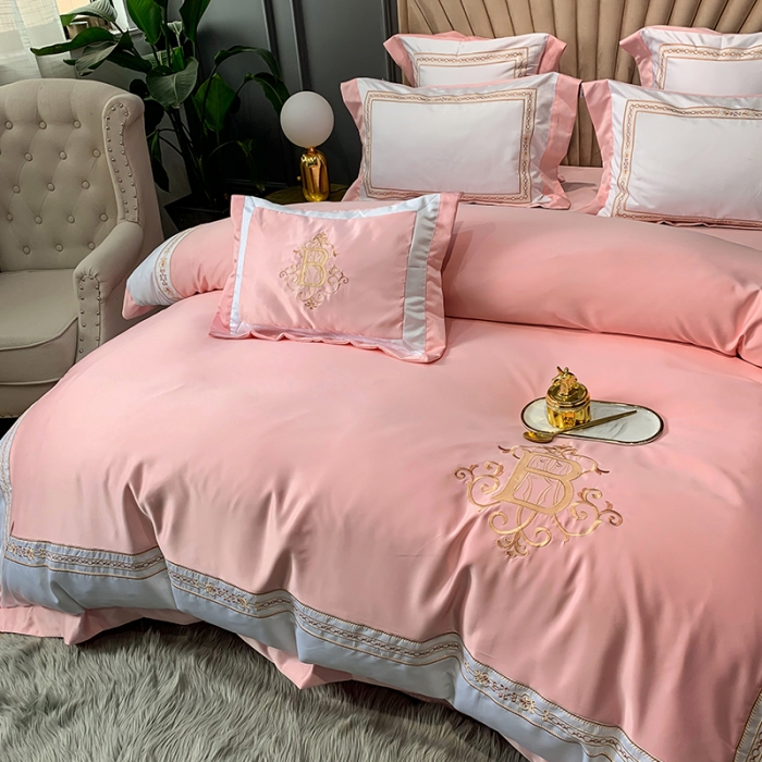 91家纺网 家纺一手货源 找家纺 安妮家居 2020新款TB大牌风贡缎全棉四件套实拍图 玉粉