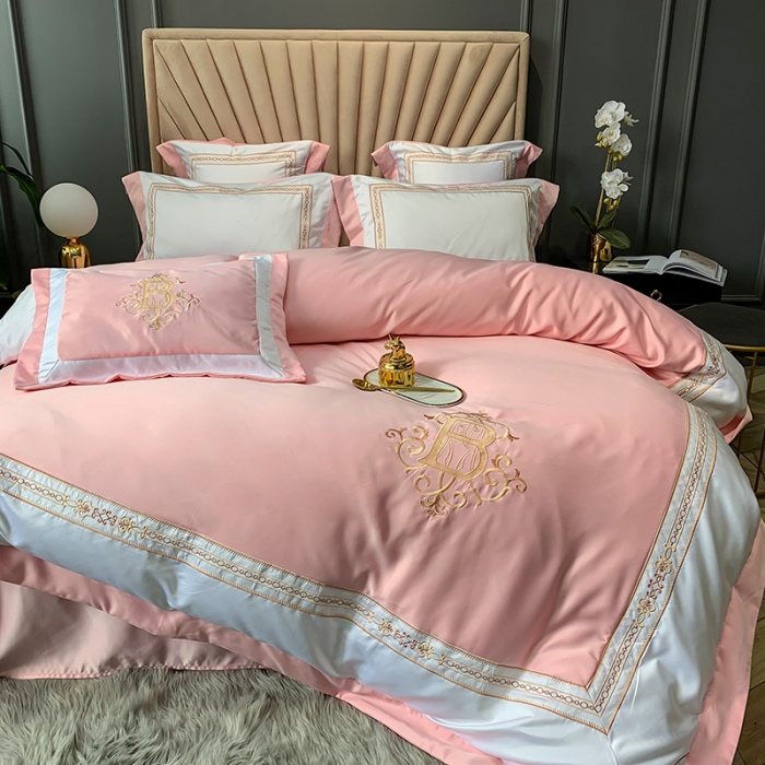 91家纺网 家纺一手货源 找家纺 安妮家居 2020新款TB大牌风贡缎全棉四件套实拍图 玉粉