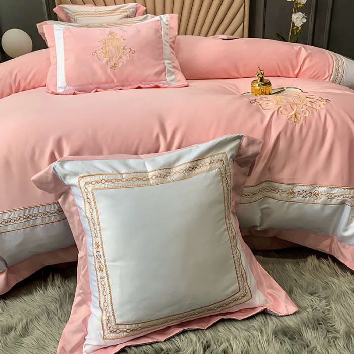 91家纺网 家纺一手货源 找家纺 安妮家居 2020新款TB大牌风贡缎全棉四件套实拍图 玉粉