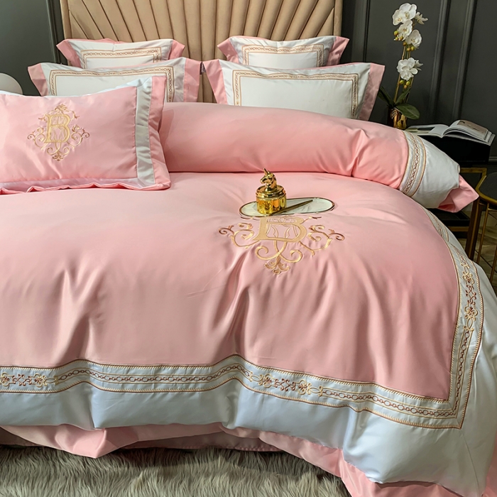 91家纺网 家纺一手货源 找家纺 安妮家居 2020新款TB大牌风贡缎全棉四件套实拍图 玉粉