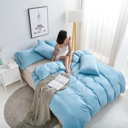 91家纺网 家纺一手货源 找家纺 美真 纯色双拼加厚水洗棉磨毛四件套床上用品长绒棉素色宝蓝浅灰