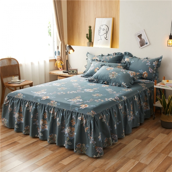 91家纺网 家纺一手货源 找家纺 十个点家纺 2020新款印花床裙三件套 花月佳期墨绿