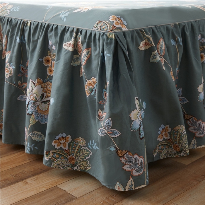 91家纺网 家纺一手货源 找家纺 十个点家纺 2020新款印花床裙三件套 花月佳期墨绿