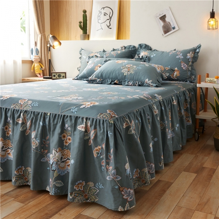 91家纺网 家纺一手货源 找家纺 十个点家纺 2020新款印花床裙三件套 花月佳期墨绿