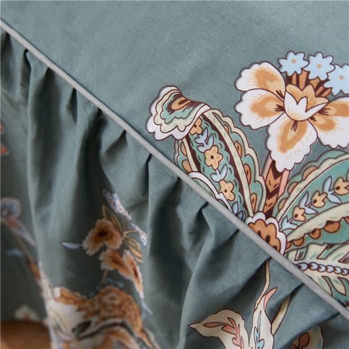 91家纺网 家纺一手货源 找家纺 十个点家纺 2020新款印花床裙三件套 花月佳期墨绿