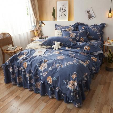 91家纺网 家纺一手货源 找家纺 十个点家纺 2020新款印花床裙四件套花月佳期蓝